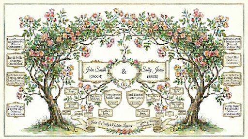 A watercolour family tree print: two flowering trees joining John and Sally’s families, titled “John & Sally’s Golden Legacy — 50 years of marriage”