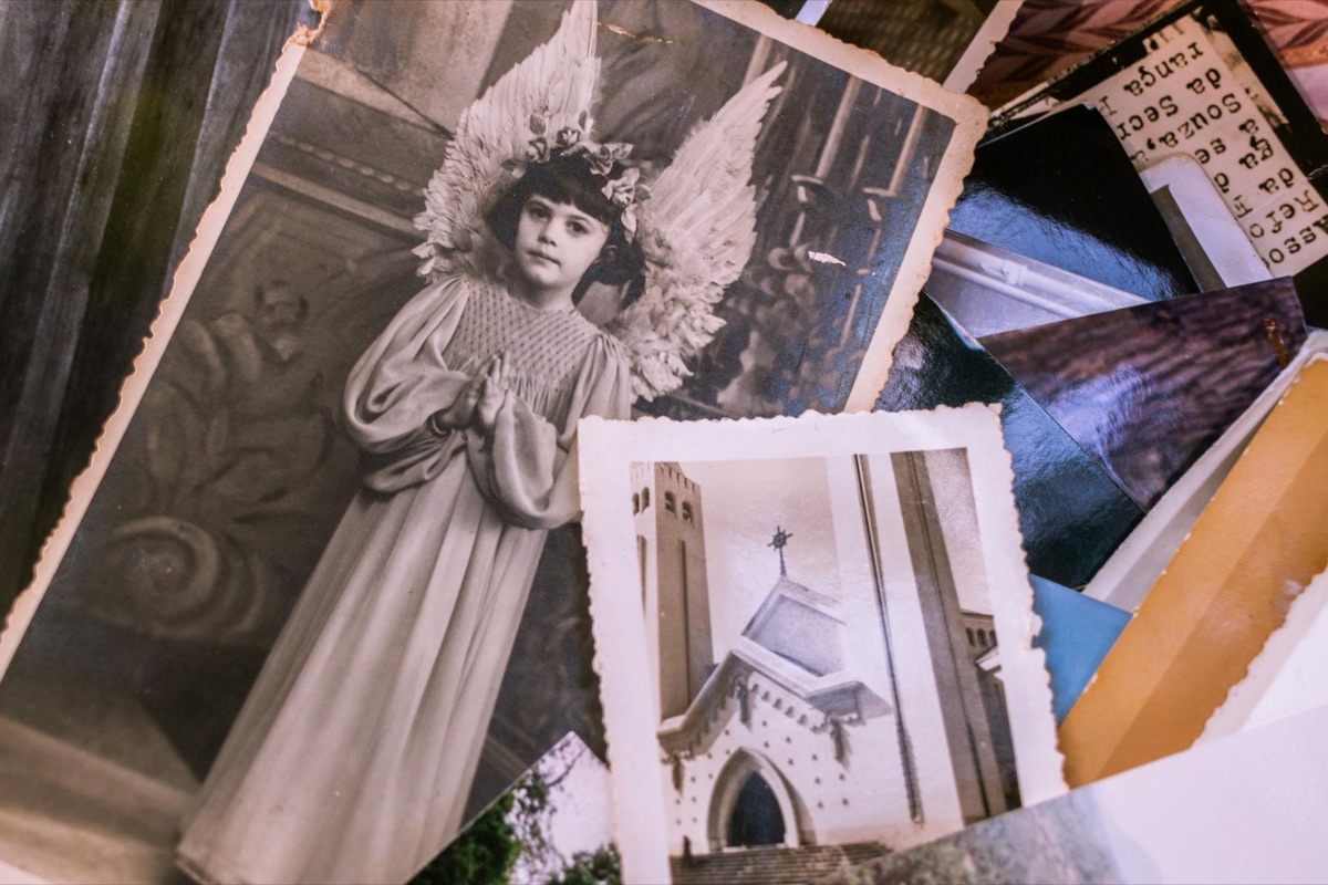 A mounted arrangement of archival family photographs