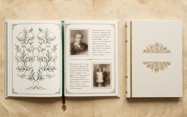 An open keepsake booklet of both families' history beside its cream-and-gold cover — a design example