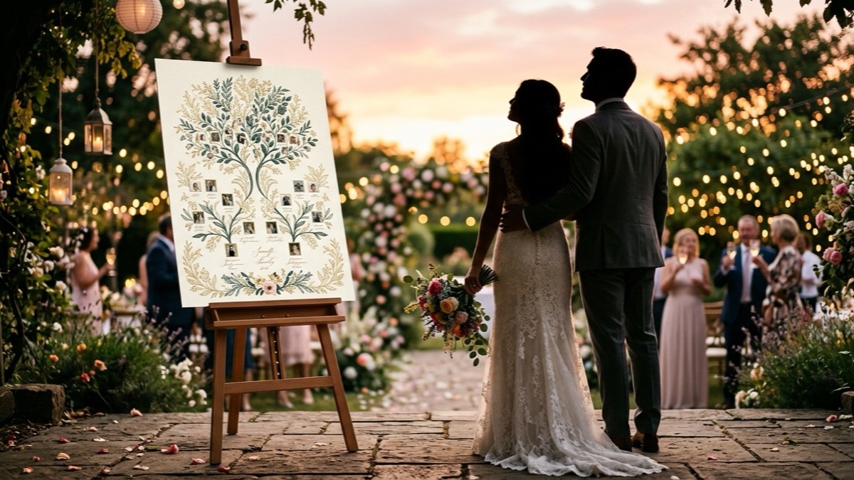 A bride and groom silhouetted against a colourful sunset, looking at a wedding family-tree display on a wooden easel