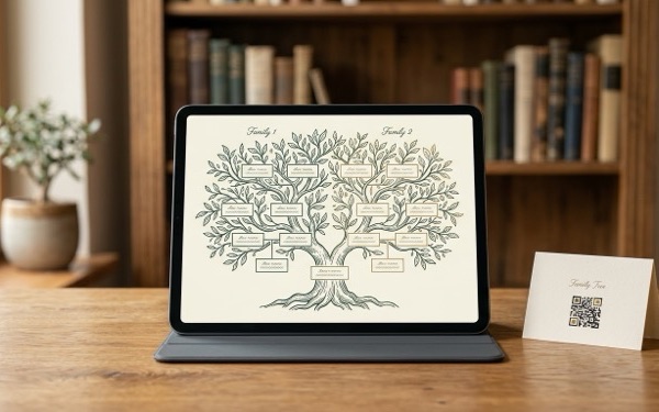A digital family-tree chart on a tablet beside a place card with a QR code — a design example