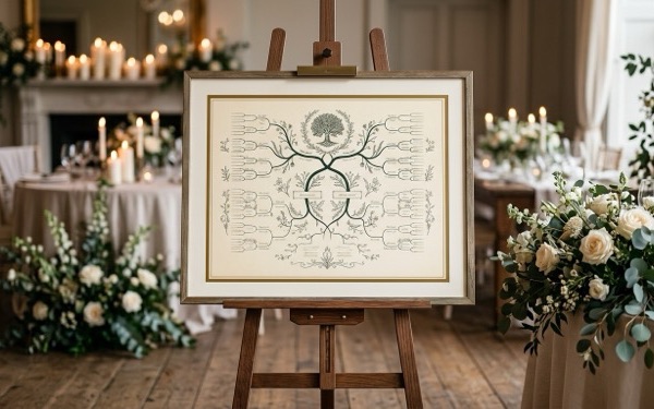A framed heritage family-tree chart on an easel at an elegant wedding venue — a design example