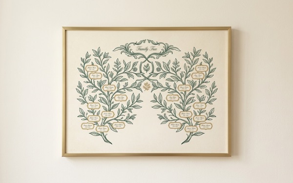 A framed family-tree chart with two families' branches joining at the top — a design example