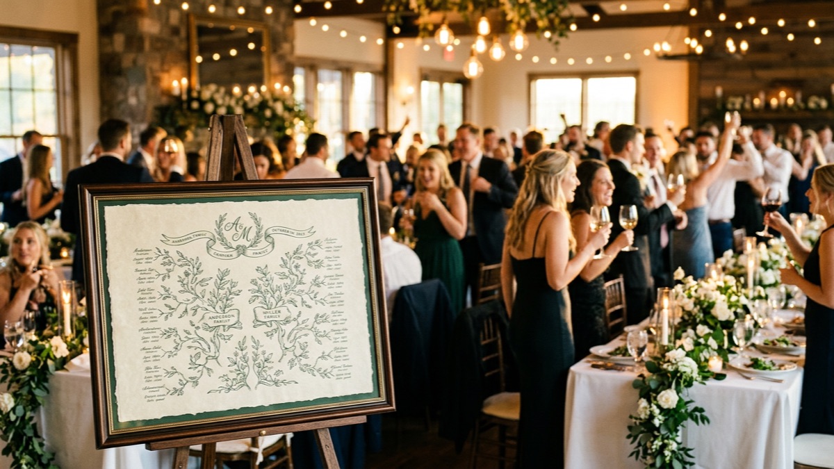 A wedding reception in full celebration, with a framed family-tree heritage chart on an easel at the centre of the room